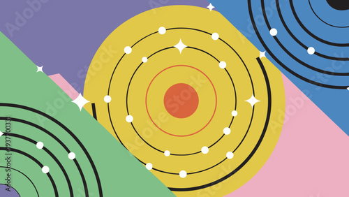 Bright yellow atomic structure illustration overlaps with colorful geometric shapes and sparkles.