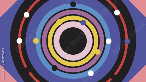 Vibrant concentric circles and orbiting white dots create a hypnotic, abstract visual pattern.