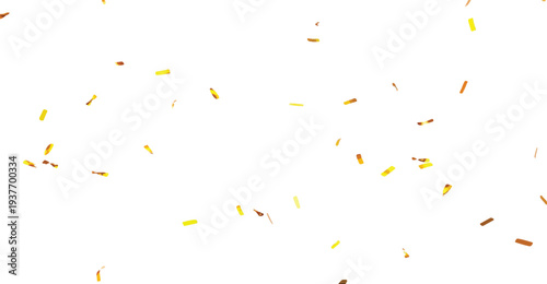 Scattered gold confetti raining down against a bright white background, creating a festive and celebratory atmosphere.