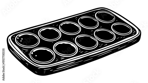 Shiny dark ovals rest within a textured, elongated rectangular holder featuring ten recessed cups.