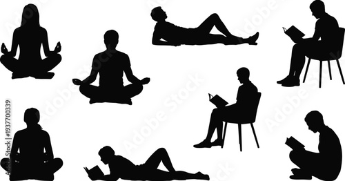 People reading book and meditation silhouettes set, relaxing sitting lying reading poses mindfulness lifestyle illustration collection