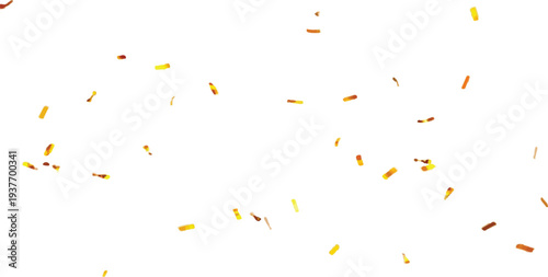 Golden confetti falling and scattering against a transparent background, celebrating a festive occasion or victory.