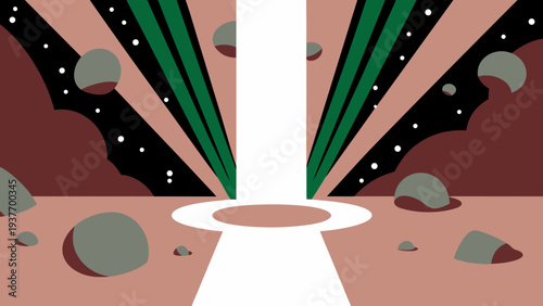 Abstract scene shows a brilliant white light beam piercing dark, rocky terrain under green stylized rays.