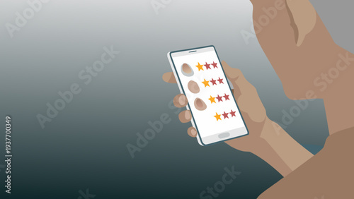Displeased person looking at low rating feedback on smartphone screen with unhappy expression