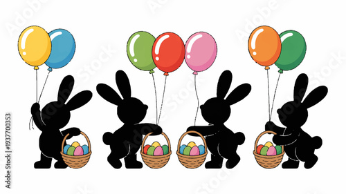 Five black easter bunnies with colorful balloons and decorated eggs on white background for spring holiday