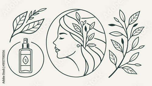 Minimalist line art depicts a woman's profile surrounded by delicate botanical elements and a beauty.