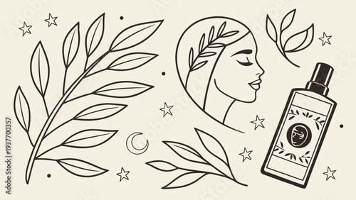Elegant line drawing shows a woman's profile surrounded by botanical branches, stars, and a decorative.