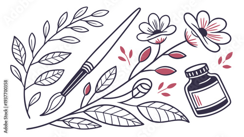 Artistic composition displays a paintbrush and ink bottle intertwined with blooming flowers and detailed.