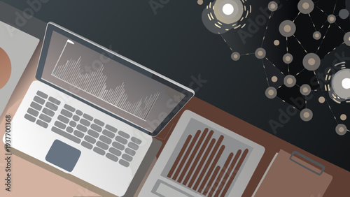 Flat vector illustration of laptop displaying ai data on screen with graphs and documents on desk