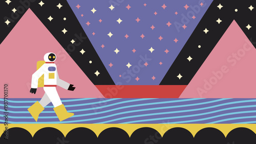 Astronaut in a white suit walks across a textured blue surface under a vibrant patterned night sky.