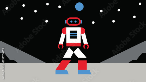 Red and white geometric robot juggles a blue sphere against a dark, starry lunar surface.