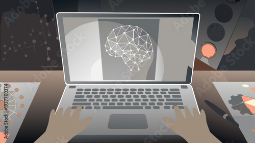 Flat vector illustration of a person using a laptop with an abstract brain on the screen in a modern workspace