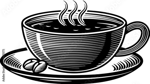 Steaming hot coffee cup sits on a saucer next to two dark roasted beans in a close up.