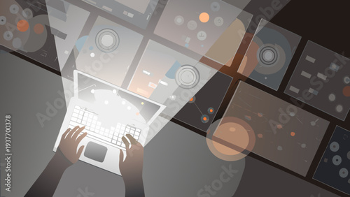 Hands on laptop with digital interface and futuristic screens in background technology concept