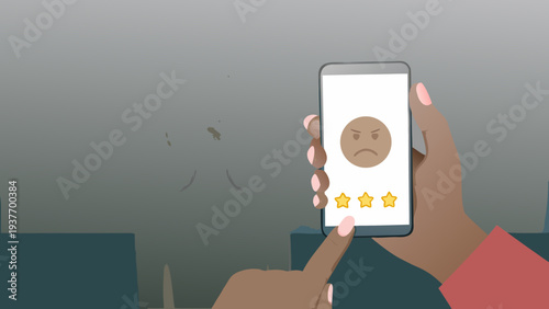 Unhappy person holding smartphone with low rating review on screen in dark background