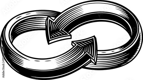 Three dimensional infinity loop shape is formed by two intertwining arrows indicating eternal recycling.