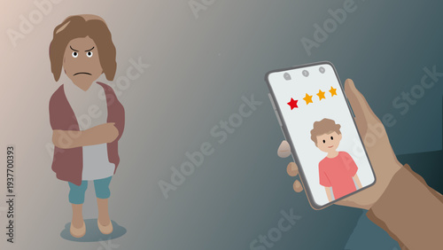 Disappointed young man looking at low rating on smartphone screen with one red star