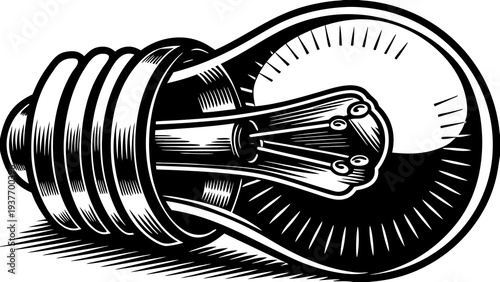 Incandescent light bulb rests horizontally featuring detailed internal filaments and screw base.