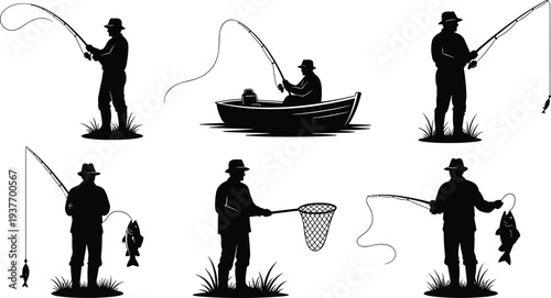 Set of black fisherman silhouettes catching fish with rods in boat and standing on shore isolated on white background for outdoor hobby graphic designs.