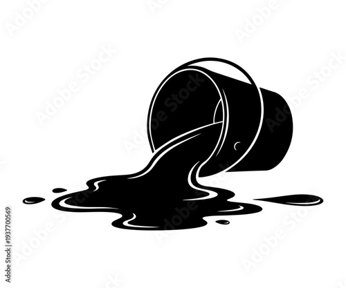 Black silhouette of an overturned bucket spilling liquid. Paint or oil puddle vector illustration isolated on transparent background.

