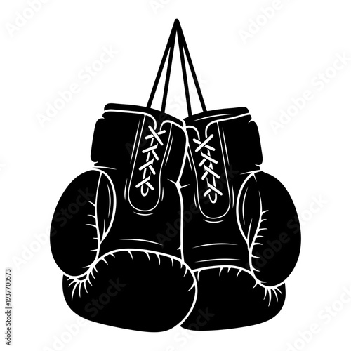 Black silhouette of a pair of hanging boxing gloves. Sports, combat, and fitness equipment vector illustration isolated on transparent background.

