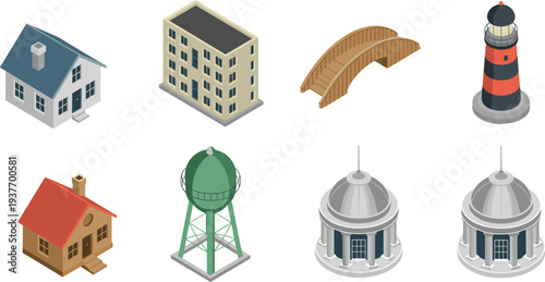 Isometric architecture buildings collection with house, apartment, bridge, lighthouse, water tower and civic structures, urban city infrastructure illustration set isolated on white
