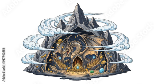 Dragon guarding treasure in mountain cave with swirling clouds