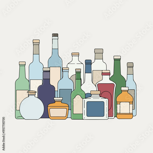 Collection of various alcohol bottles and containers