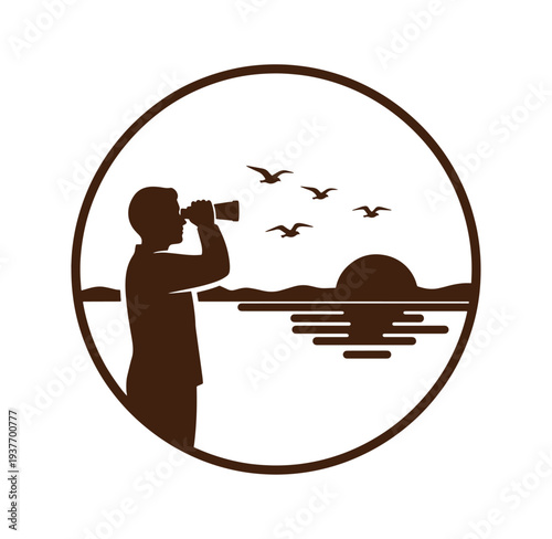 man taking photo of birds flying over water at sunset in a circular frame