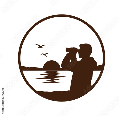 man taking photo of sunset over water with birds flying  serene landscape scene