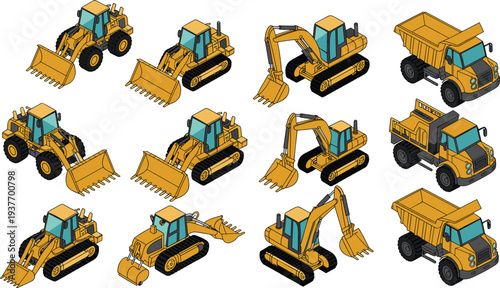 Isometric heavy construction machinery collection with excavators, bulldozers, wheel loaders and dump trucks, industrial engineering equipment vehicles illustration isolated on white background