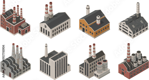 Isometric industrial factory buildings collection with chimneys and manufacturing plants, modern power station and industry facility architecture illustration set isolated on white