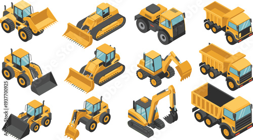 Isometric heavy construction machinery set with excavator, bulldozer, wheel loader and dump truck, industrial engineering equipment vehicles illustration isolated on white