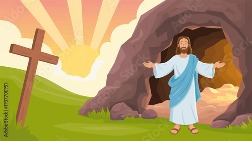 Jesus christ standing in front of an empty tomb with a cross symbolizing resurrection and hope on a sunny day