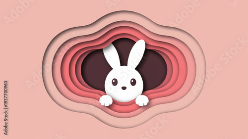 Cute white bunny peeking out from behind pink and brown layered shapes on a soft peach background with big eyes