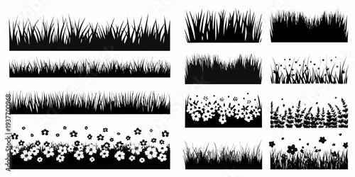 Black and white illustrations of various grass and floral arrangements
