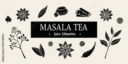 Masala tea illustration with spice silhouettes and botanical elements