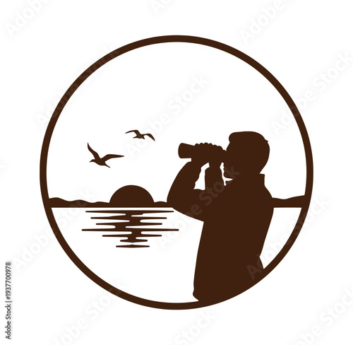 silhouette of a person taking a photo of seagulls flying over the water at sunset