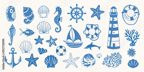 Collection of blue nautical illustrations featuring shells boats and sea life
