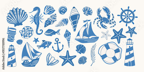 Nautical collection featuring seashells sea creatures and maritime elements