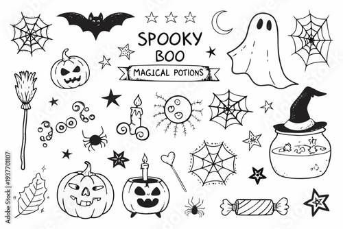 A spooky halloween illustration with bats pumpkins and ghostly elements