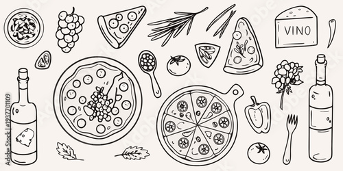 A whimsical sketch of italian food wine and fresh produce