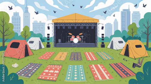 Music festival with colorful tents and blankets in green field city skyline background