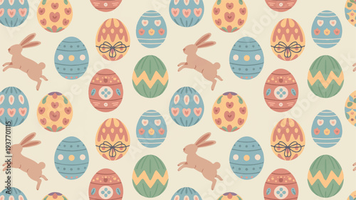 Colorful easter eggs and bunnies pattern on cream background festive holiday design with decorated eggs and rabbits