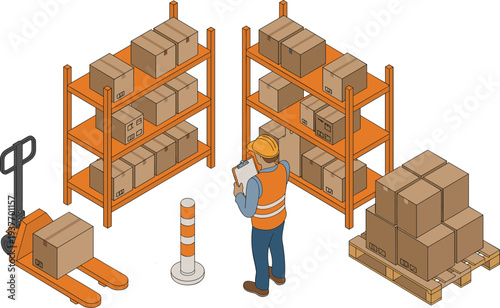 Isometric warehouse worker checking inventory on clipboard with storage shelves, pallet jack and stacked cardboard boxes, logistics supply chain management illustration