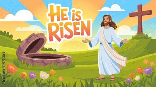 Jesus christ standing in front of an empty tomb on easter morning with a cross in the background and colorful flowers