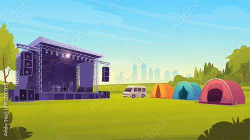 Outdoor music festival stage setup with colorful tents in a lush green field against a city skyline