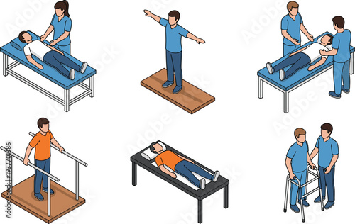 Physical therapy rehabilitation exercises with therapist assisting patient walking, stretching and balance training, physiotherapy treatment and recovery process illustration set