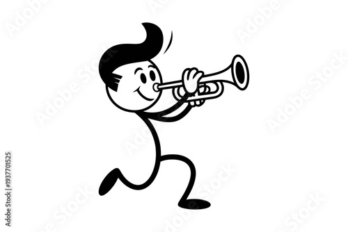 A cartoon character playing a trumpet with a happy expression
