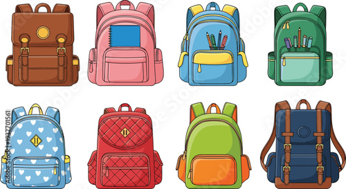 School backpack collection with colorful student bags, modern rucksack designs for education, travel and daily use, flat cartoon illustration set isolated on white